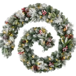 WeRChristmas Pre-Lit Extra Thick Mixed Pine Snow Flocked Garland, Pinecones & Berries, Static, 9 Ft^ Snow Flocked Garlands|Decorated Garlands