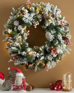WeRChristmas Pre-Lit Extra Thick Mixed Pine Snow Flocked Wreath, Pinecones & Berries, 76 Cm^ Decorated Wreaths|Pre Lit Wreaths