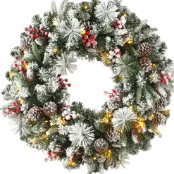 WeRChristmas Pre-Lit Extra Thick Mixed Pine Snow Flocked Wreath, Pinecones & Berries, 76 Cm^ Decorated Wreaths|Pre Lit Wreaths