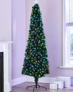 WeRChristmas Pre-Lit Fibre Optic Pencil Christmas Tree With Multi-Coloured LED Stars, 7 Ft^ Budget Christmas Trees|Fibre Optic Christmas Trees