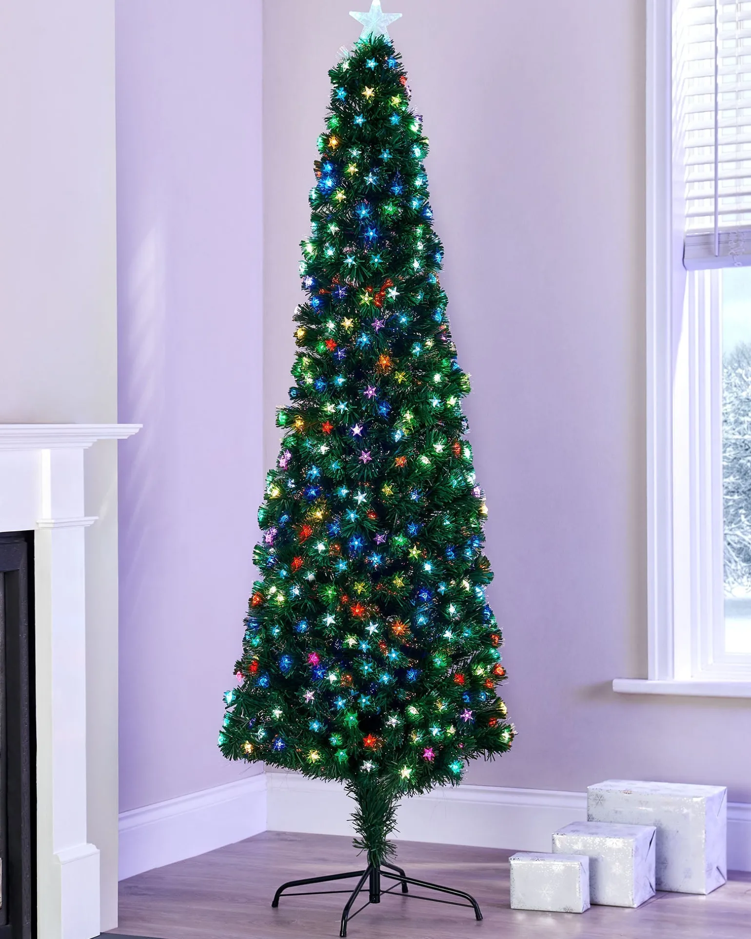 WeRChristmas Pre-Lit Fibre Optic Pencil Christmas Tree With Multi-Coloured LED Stars, 7 Ft^ Budget Christmas Trees|Fibre Optic Christmas Trees