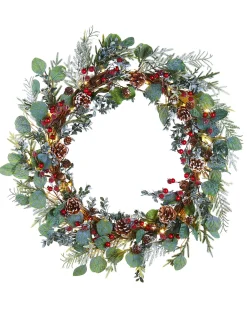 WeRChristmas Pre-Lit Frosted Eucalyptus Wreath, Pinecones & Berries, 76 Cm^ Decorated Wreaths|Pre Lit Wreaths