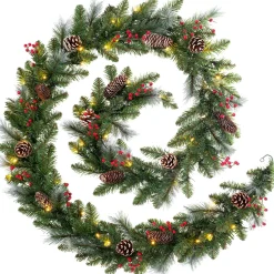 WeRChristmas Pre-Lit Frosted Garland, Pinecones & Berries, 9 Ft^ Decorated Garlands|Pre Lit Garlands