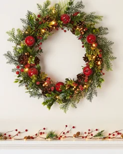 WeRChristmas Pre-Lit Frosted Red Berry Mixed Tip Wreath, 60 Cm^ Decorated Wreaths|Pre Lit Wreaths