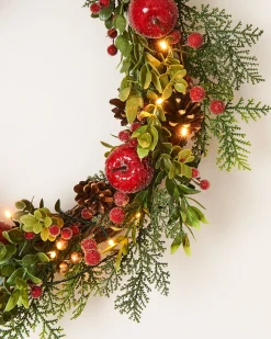 WeRChristmas Pre-Lit Frosted Red Berry Mixed Tip Wreath, 60 Cm^ Decorated Wreaths|Pre Lit Wreaths