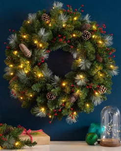 WeRChristmas Pre-Lit Frosted Wreath, Pinecones & Berries, 60 Cm^ Decorated Wreaths|Pre Lit Wreaths