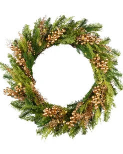 WeRChristmas Pre-Lit Gold Berry Mixed Tip Wreath, 76 Cm^ Decorated Wreaths|Pre Lit Wreaths