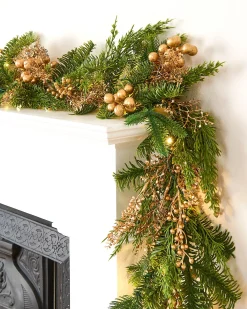 WeRChristmas Pre-Lit Gold Berry Mixed Tip Garland, 9 Ft^ Decorated Garlands|Pre Lit Garlands