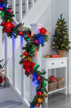 WeRChristmas Pre-Lit Multi-Coloured Decorated Garland, Red/Gold, 9 Ft^ Decorated Garlands|Pre Lit Garlands