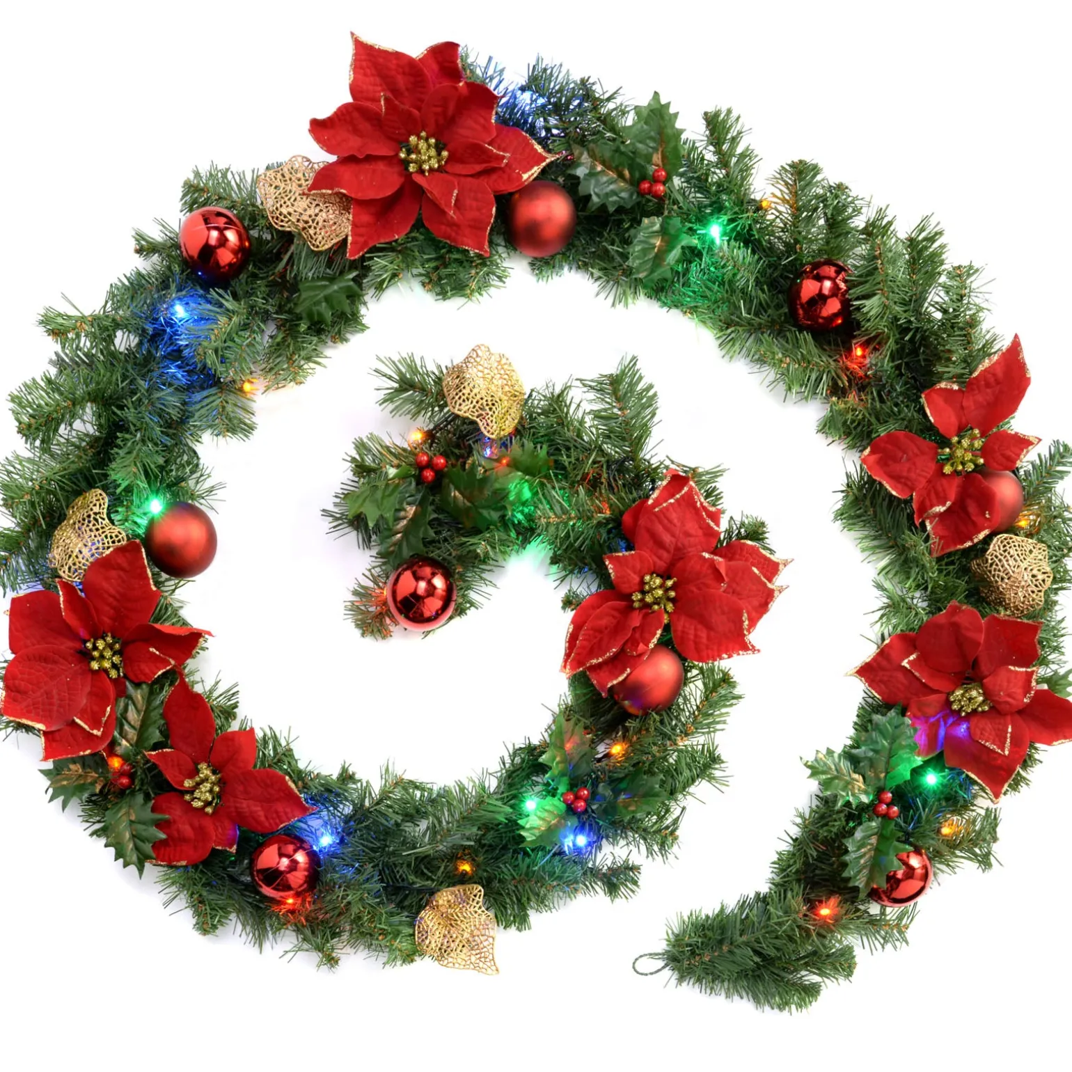 WeRChristmas Pre-Lit Multi-Coloured Decorated Garland, Red/Gold, 9 Ft^ Decorated Garlands|Pre Lit Garlands