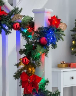 WeRChristmas Pre-Lit Multi-Coloured Decorated Garland, Red/Gold, 9 Ft^ Decorated Garlands|Pre Lit Garlands