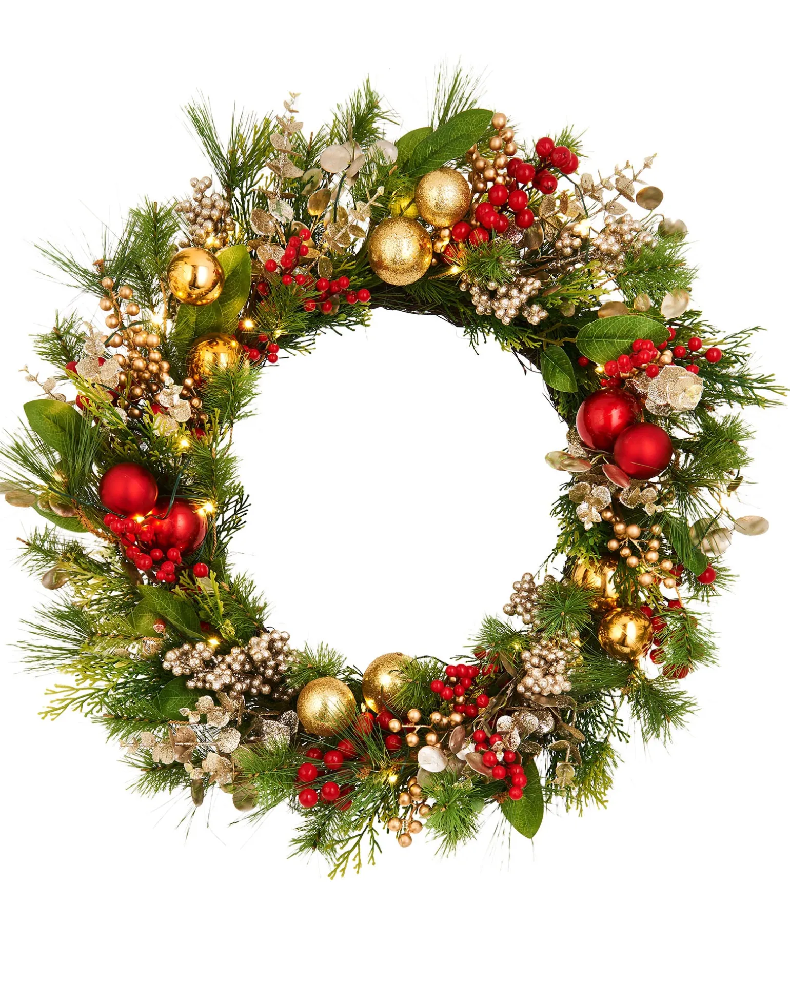 WeRChristmas Pre-Lit Red Berry Mixed Tip Wreath, 76 Cm^ Decorated Wreaths|Pre Lit Wreaths