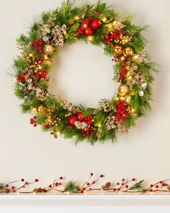 WeRChristmas Pre-Lit Red Berry Mixed Tip Wreath, 76 Cm^ Decorated Wreaths|Pre Lit Wreaths