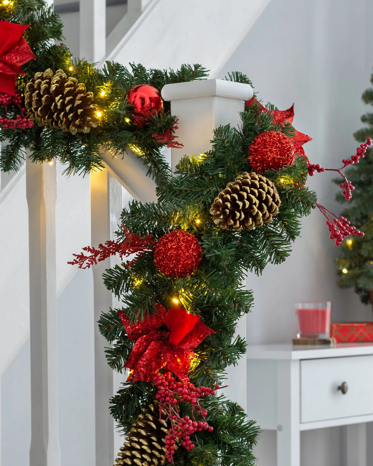 WeRChristmas Pre-Lit Red Decorated Extra Thick Garland, 9 Ft^ Decorated Garlands|Pre Lit Garlands