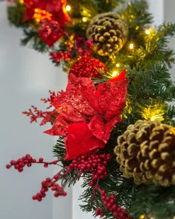 WeRChristmas Pre-Lit Red Decorated Extra Thick Garland, 9 Ft^ Decorated Garlands|Pre Lit Garlands