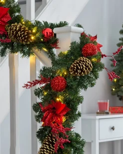 WeRChristmas Pre-Lit Red Decorated Extra Thick Garland, 9 Ft^ Decorated Garlands|Pre Lit Garlands