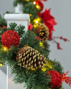 WeRChristmas Pre-Lit Red Decorated Extra Thick Garland, 9 Ft^ Decorated Garlands|Pre Lit Garlands