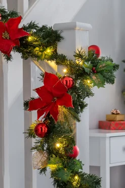 WeRChristmas Pre-Lit Warm White Decorated Garland, Red/Gold, 9 Ft^ Decorated Garlands|Pre Lit Garlands