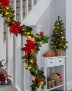 WeRChristmas Pre-Lit Warm White Decorated Garland, Red/Gold, 9 Ft^ Decorated Garlands|Pre Lit Garlands