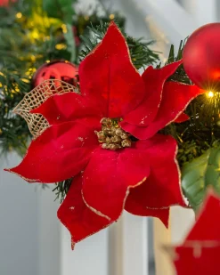 WeRChristmas Pre-Lit Warm White Decorated Garland, Red/Gold, 9 Ft^ Decorated Garlands|Pre Lit Garlands