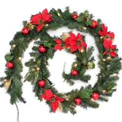 WeRChristmas Pre-Lit Warm White Decorated Garland, Red/Gold, 9 Ft^ Decorated Garlands|Pre Lit Garlands