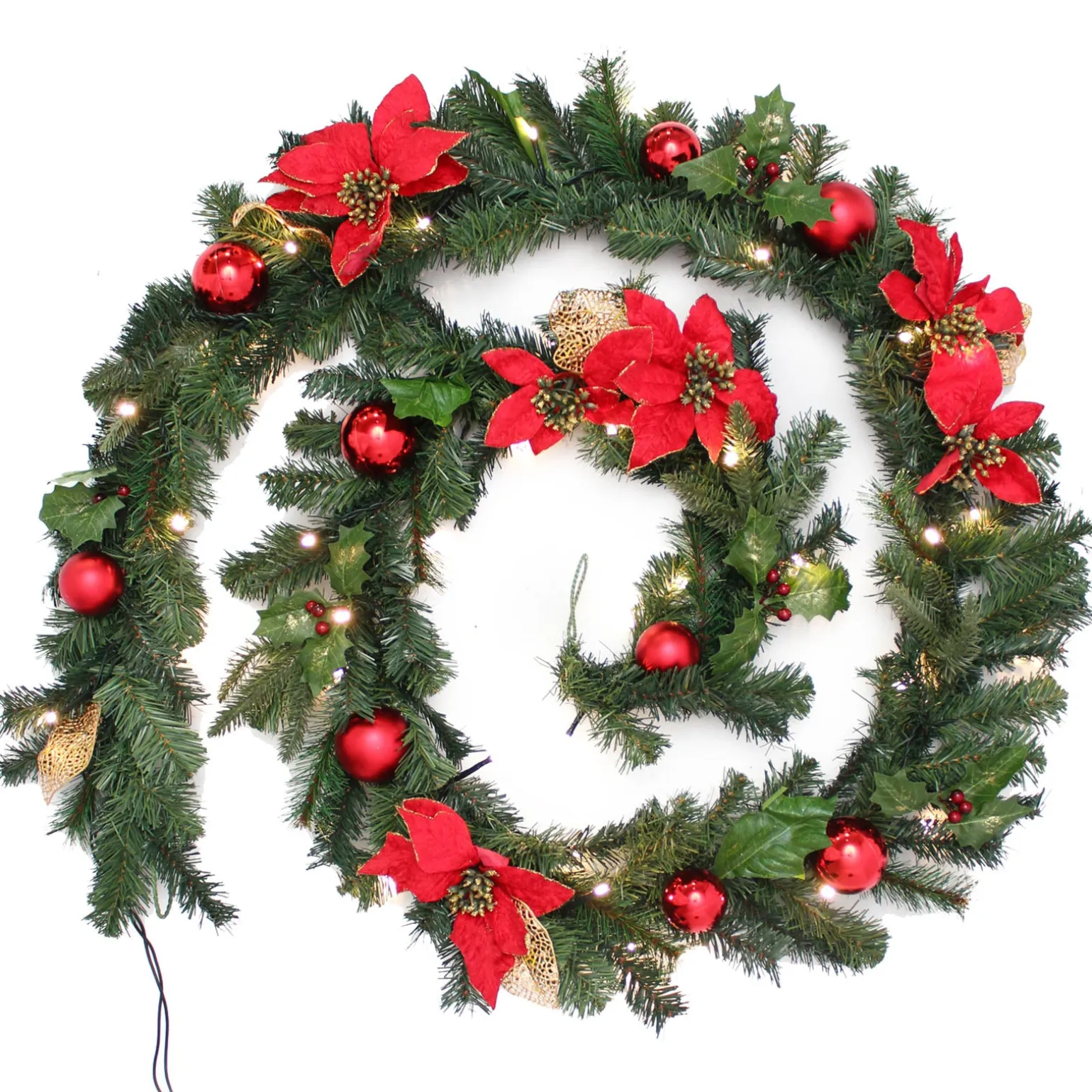 WeRChristmas Pre-Lit Warm White Decorated Garland, Red/Gold, 9 Ft^ Decorated Garlands|Pre Lit Garlands