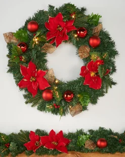 WeRChristmas Pre-Lit Warm White Decorated Wreath, Red/Gold, 60 Cm^ Decorated Wreaths|Pre Lit Wreaths