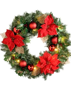 WeRChristmas Pre-Lit Warm White Decorated Wreath, Red/Gold, 60 Cm^ Decorated Wreaths|Pre Lit Wreaths