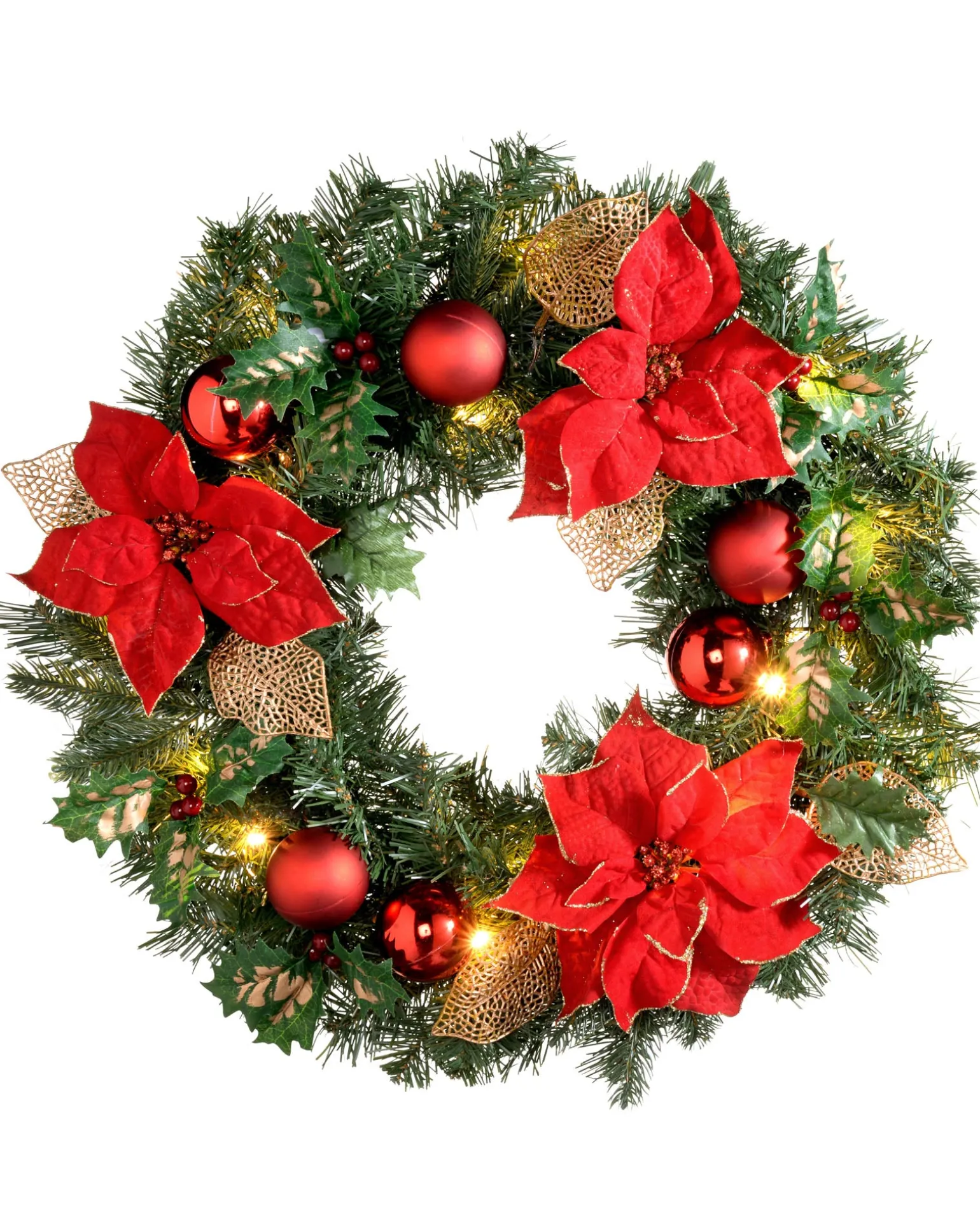 WeRChristmas Pre-Lit Warm White Decorated Wreath, Red/Gold, 60 Cm^ Decorated Wreaths|Pre Lit Wreaths