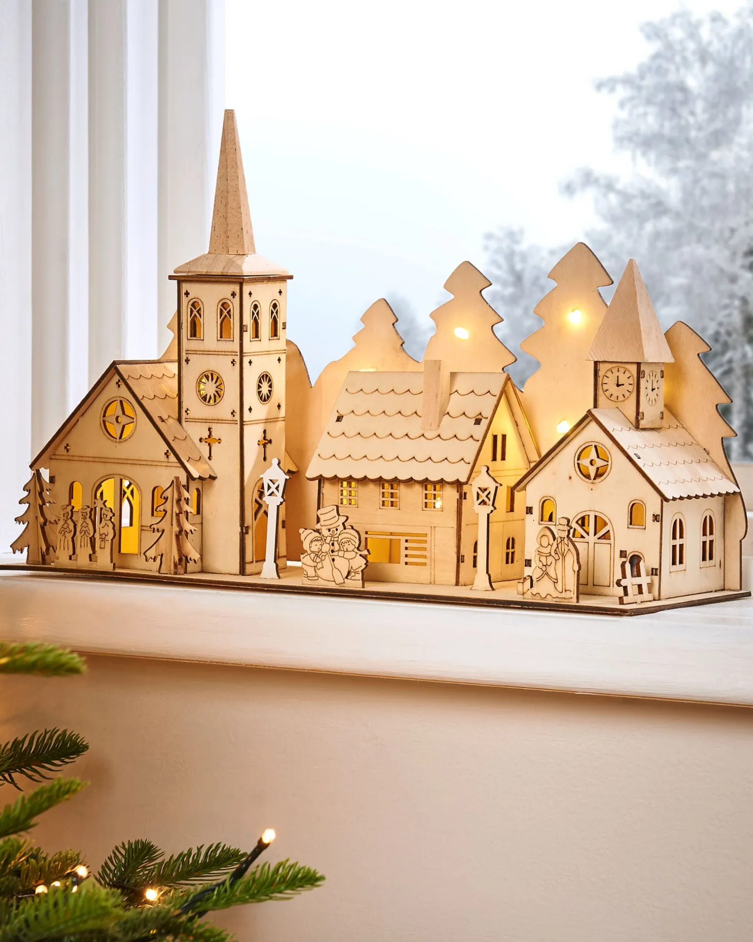 WeRChristmas Pre-Lit Wooden Church And Village Scene, 35 Cm^ Table Decorations
