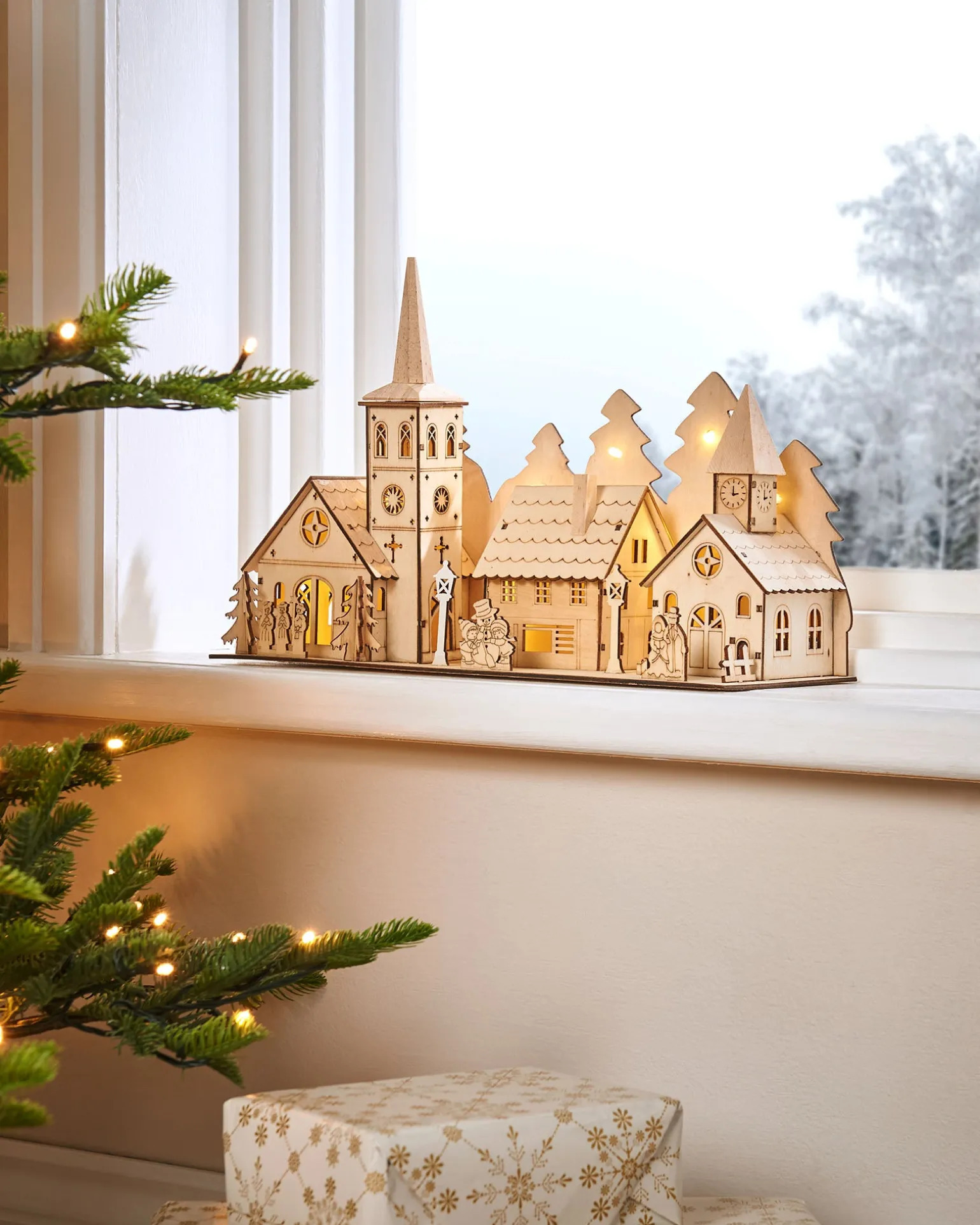 WeRChristmas Pre-Lit Wooden Church And Village Scene, 35 Cm^ Table Decorations