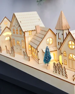 WeRChristmas Pre-Lit Wooden Village Scene, Neutral, 48 Cm^ Table Decorations