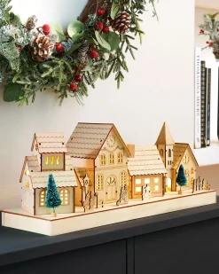 WeRChristmas Pre-Lit Wooden Village Scene, Neutral, 48 Cm^ Table Decorations