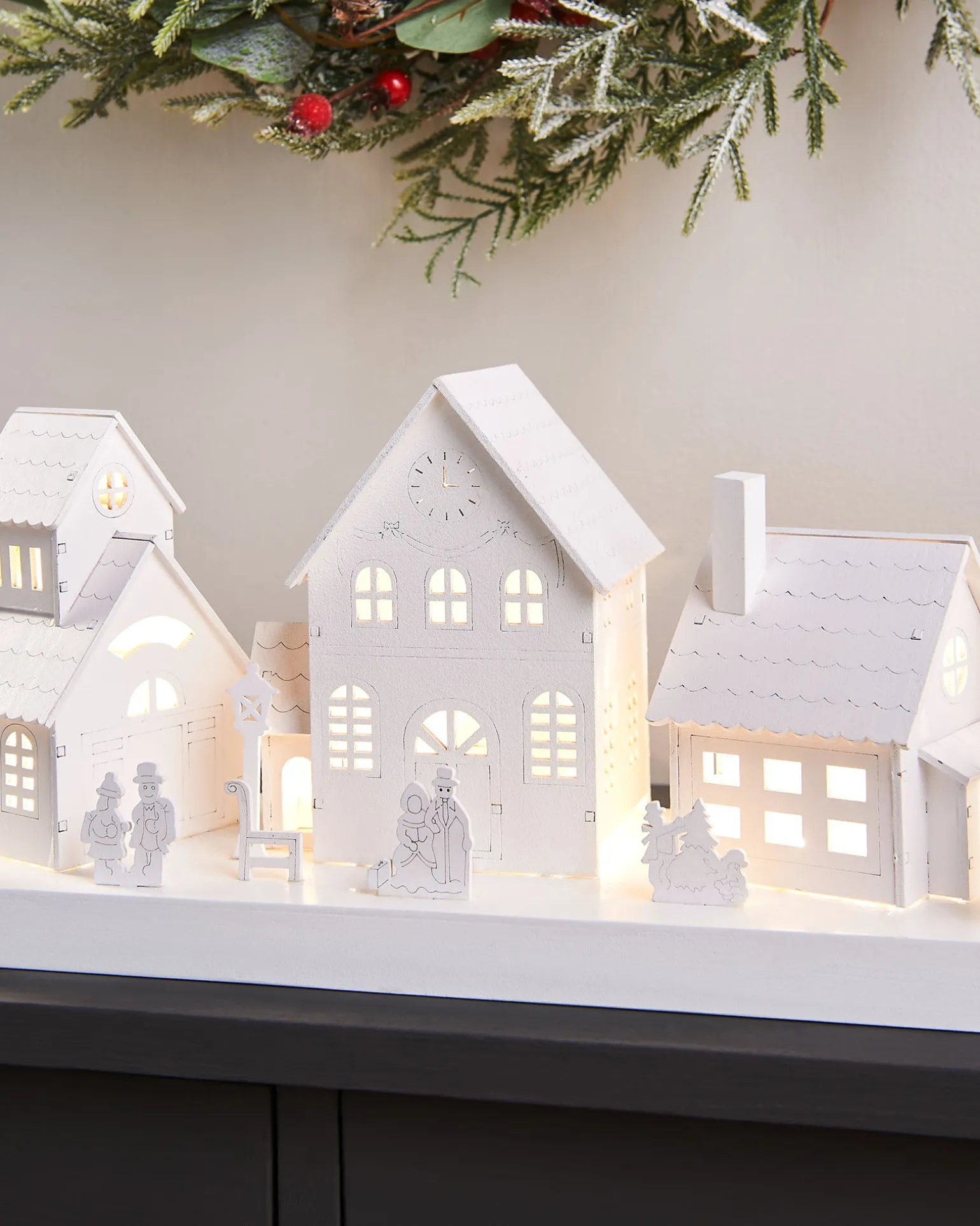 WeRChristmas Pre-Lit Wooden Village Scene, White, 48 Cm^ Table Decorations