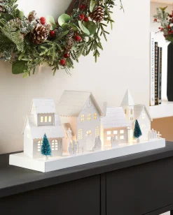 WeRChristmas Pre-Lit Wooden Village Scene, White, 48 Cm^ Table Decorations