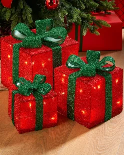 WeRChristmas Set Of 3 Pre-Lit Gift Box Silhouettes, Red, 26 Cm^ Table Decorations