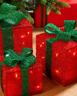 WeRChristmas Set Of 3 Pre-Lit Gift Box Silhouettes, Red, 26 Cm^ Table Decorations