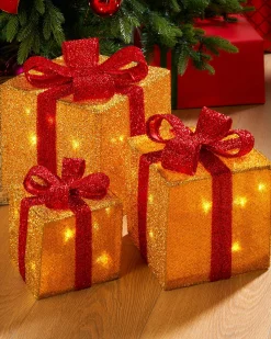 WeRChristmas Set Of 3 Pre-Lit Gift Box Silhouettes, Gold^ Table Decorations