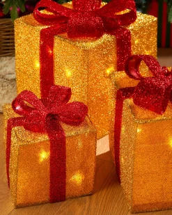 WeRChristmas Set Of 3 Pre-Lit Gift Box Silhouettes, Gold^ Table Decorations