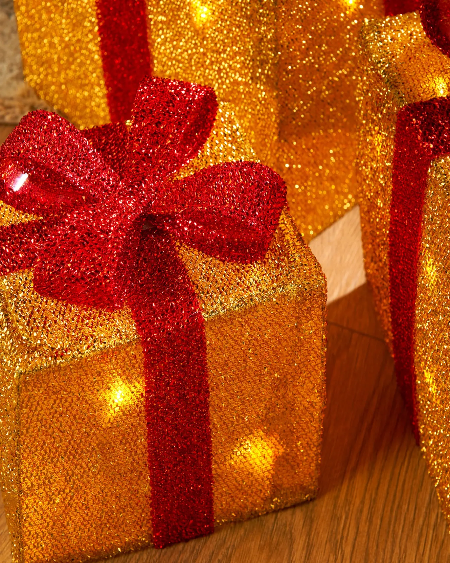 WeRChristmas Set Of 3 Pre-Lit Gift Box Silhouettes, Gold^ Table Decorations