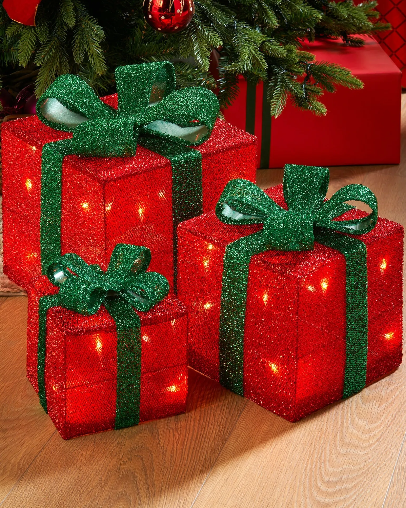 WeRChristmas Set Of 3 Pre-Lit Gift Box Silhouettes 50 LED , Red^ Table Decorations