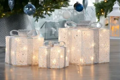 WeRChristmas Set Of 3 Pre-Lit Gift Boxes, White, 25 Cm^ Table Decorations