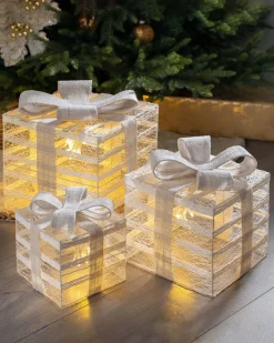 WeRChristmas Set Of 3 Pre-Lit Paper String And Gauze Gift Boxes, 26 Cm^ Table Decorations
