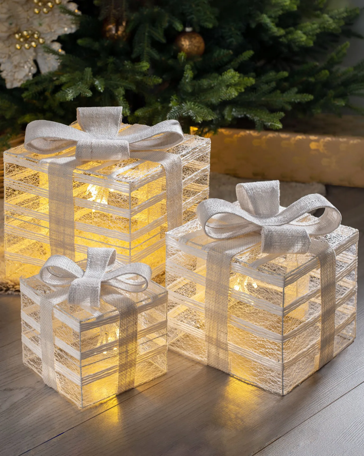WeRChristmas Set Of 3 Pre-Lit Paper String And Gauze Gift Boxes, 26 Cm^ Table Decorations